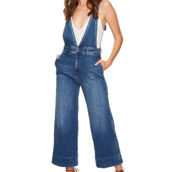Free People Overalls Women's 4 Blue A-Line V Neck Wide Leg Cropped Stretch - Picture 1 of 8